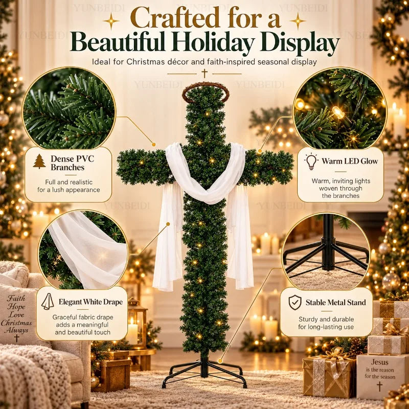 Decoração de Árvore de Natal em Forma de Cruz de 150/180cm com Luzes LED Quentes, Decoração Religiosa para Árvore de Natal, Jardim, Igreja e Festas