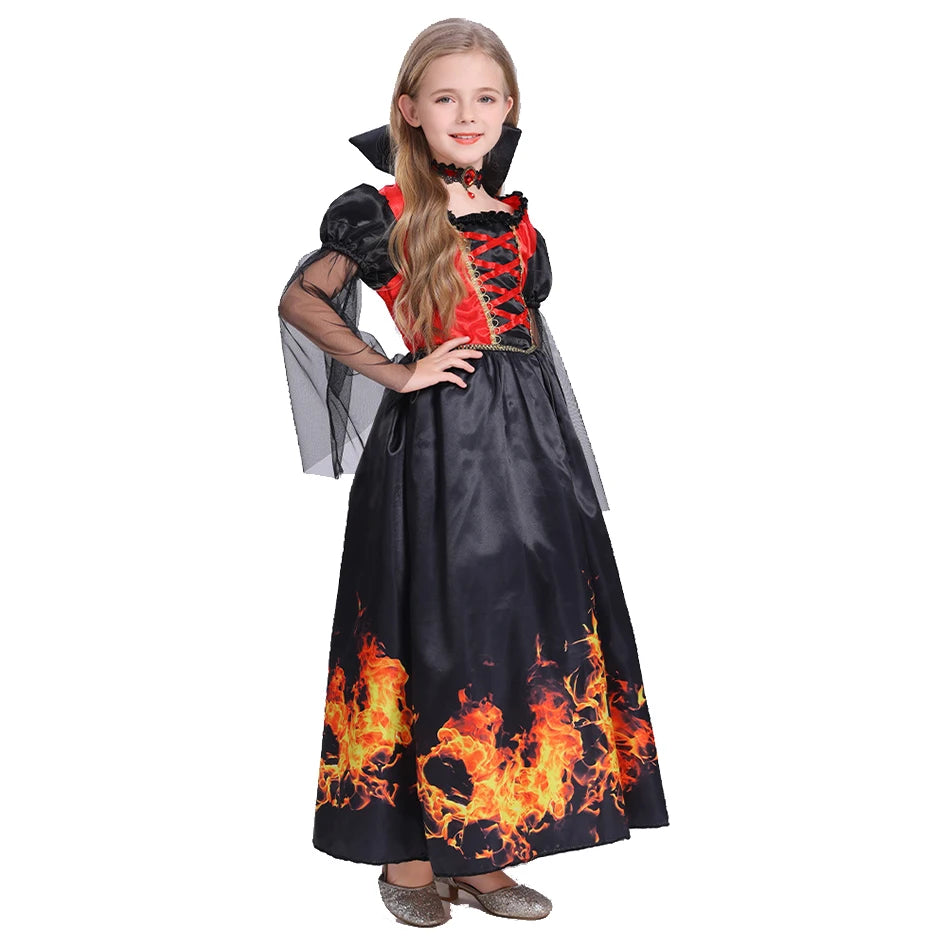 Vestido clássico de bruxa preta para meninas, fantasia de halloween com chapéu pontudo e acessórios de vassoura, fantasia de bruxa elegante para meninas