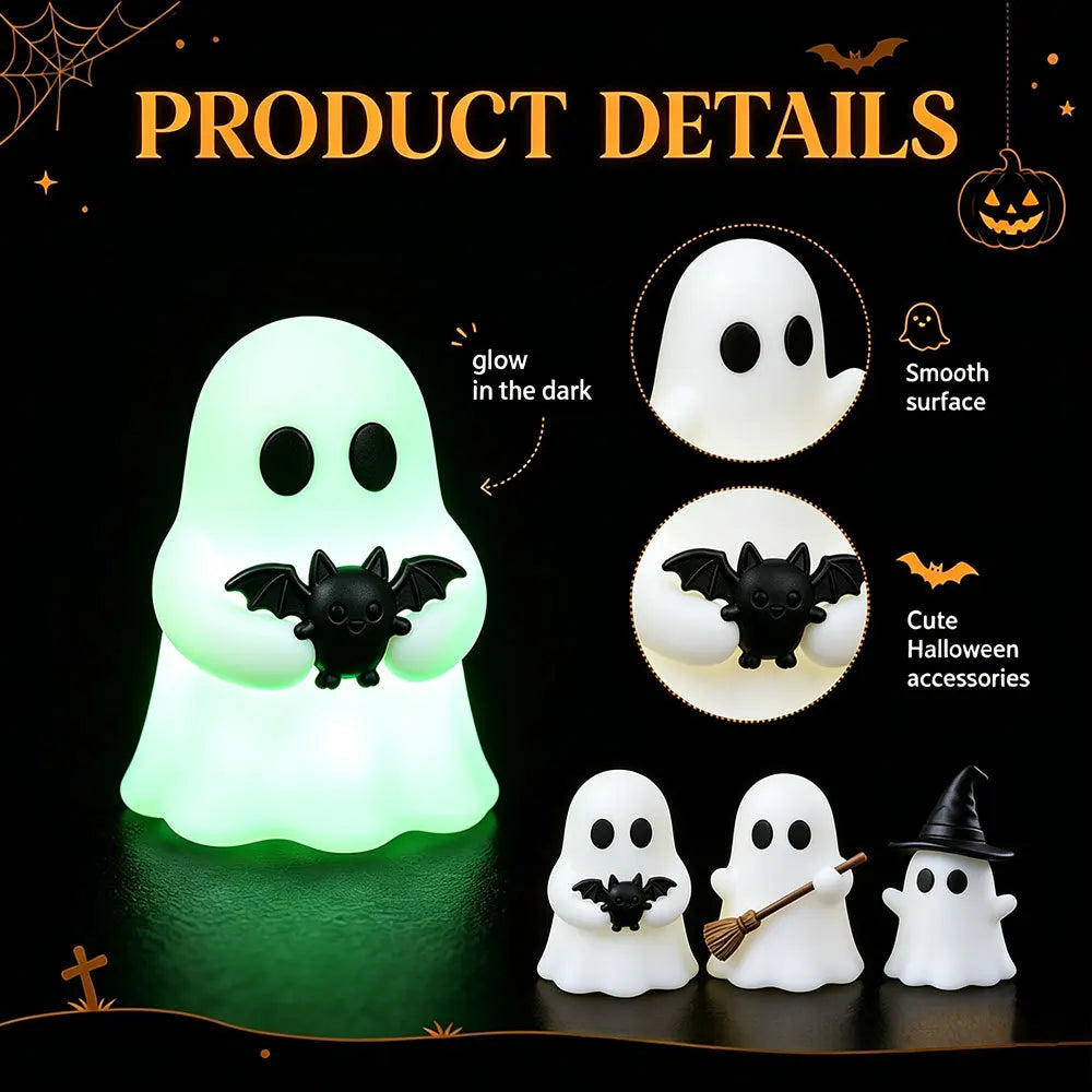 Cenário de decoração de mesa com tema de Halloween - pequenos fantasmas fofos, itens decorativos, mini micro-paisagem brilhante.