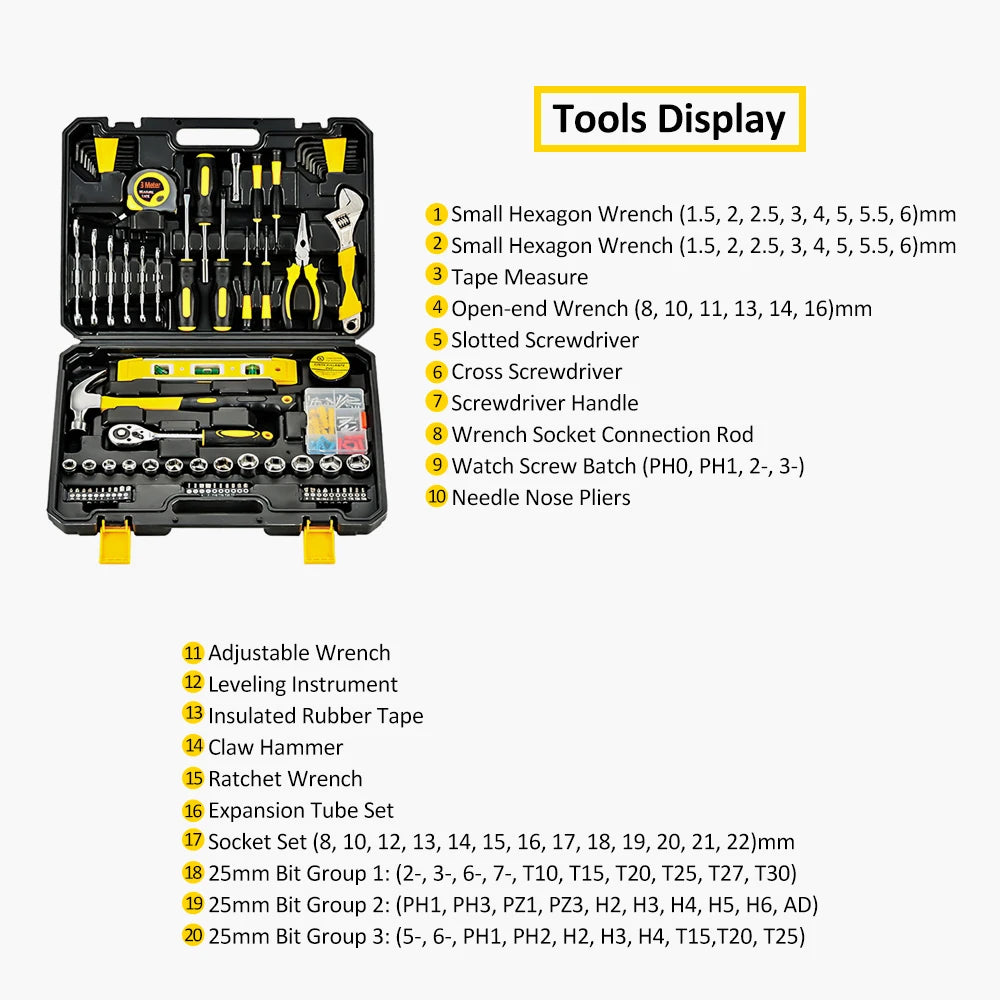 Conjunto de ferramentas manuais de 108 peças para reparo doméstico e de carro com caixa de ferramentas de plástico, kit de ferramentas domésticas em geral