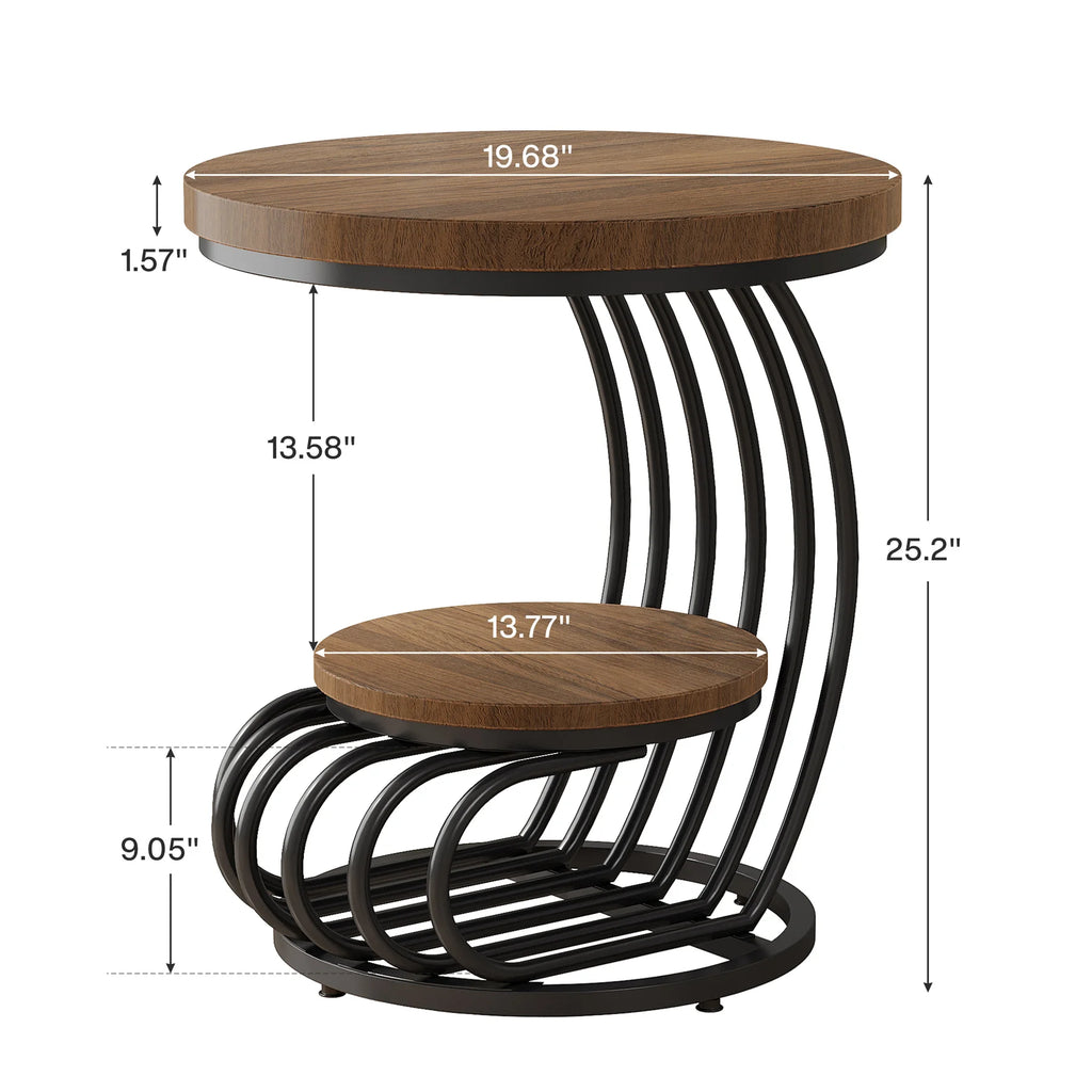 Mesa Redonda Dourada com Prateleira De Armazenamento, Mesa Lateral De Mármore Falso, Cabeceira Branca Moderna, 2 Camadas De Tribos