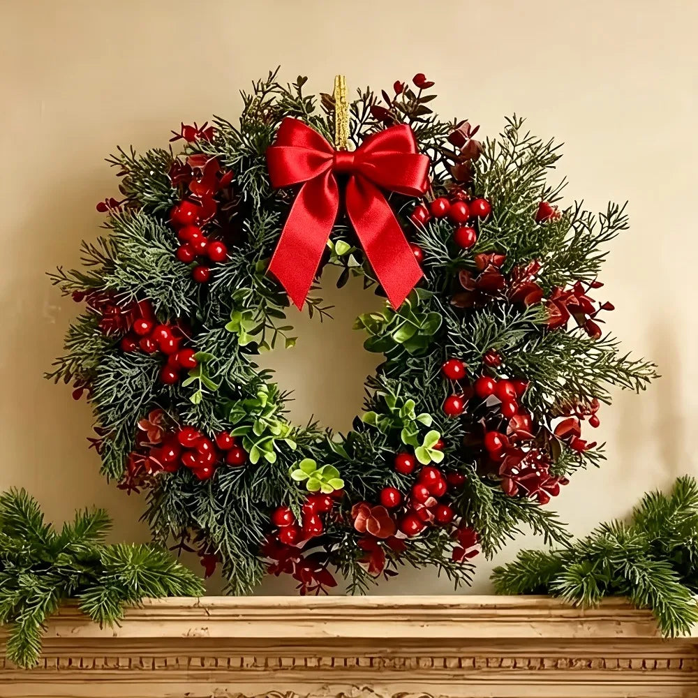 Guirlanda de Natal com Laço e Frutas Vermelhas, Incluindo Cranberries e Holly, para Decoração Interna e Externa