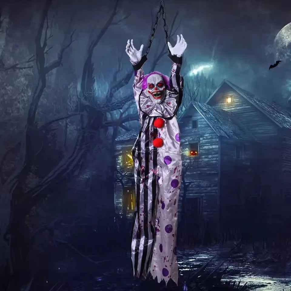 Decorações de halloween elétrica ativada por voz pendurado palhaço fantasma pendurado casa assombrada adereços de decoração de terror
