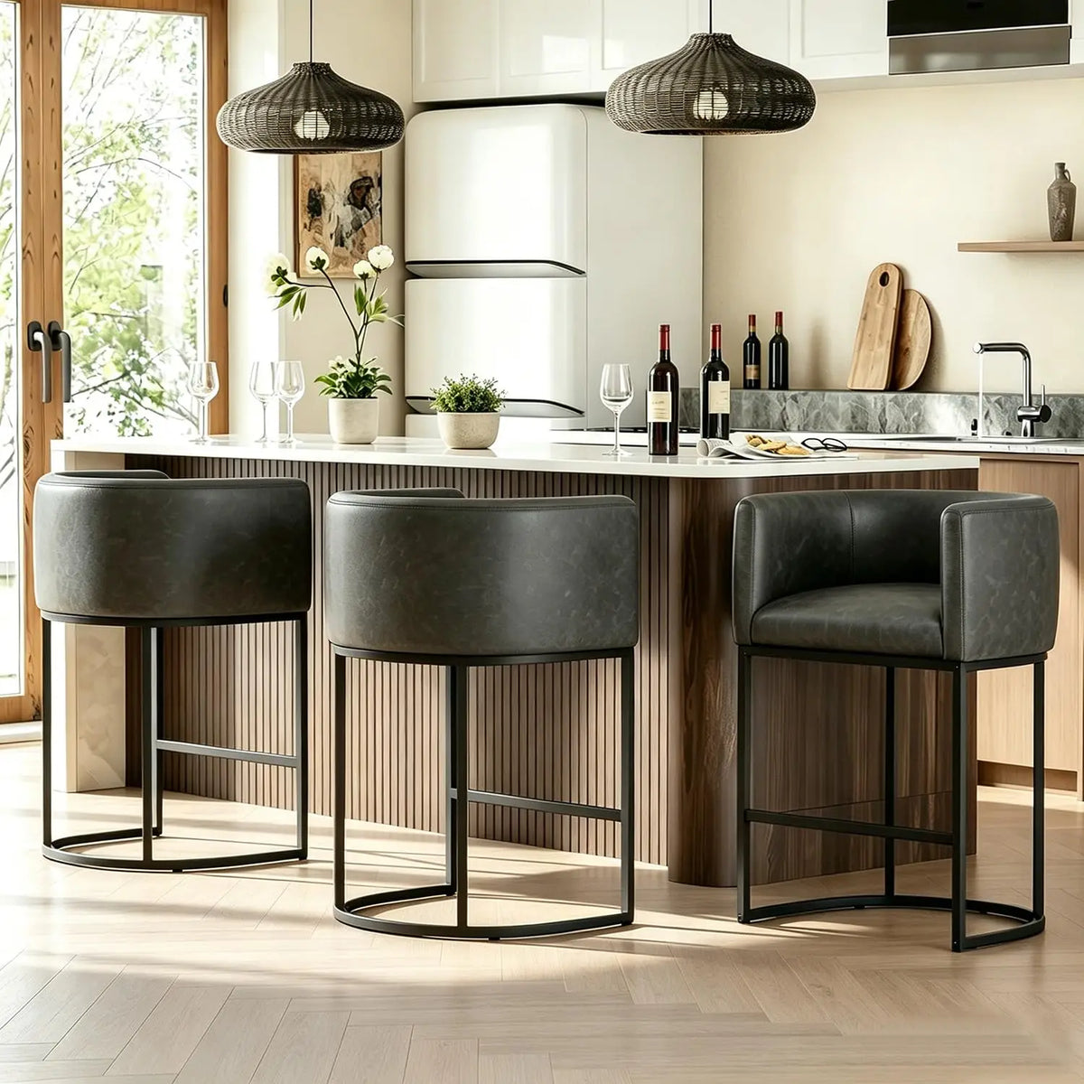 Conjunto de 3 Banquetas de Bar em Linho com 26'' de Altura, Design Moderno com Encosto e Braços, Personalizável