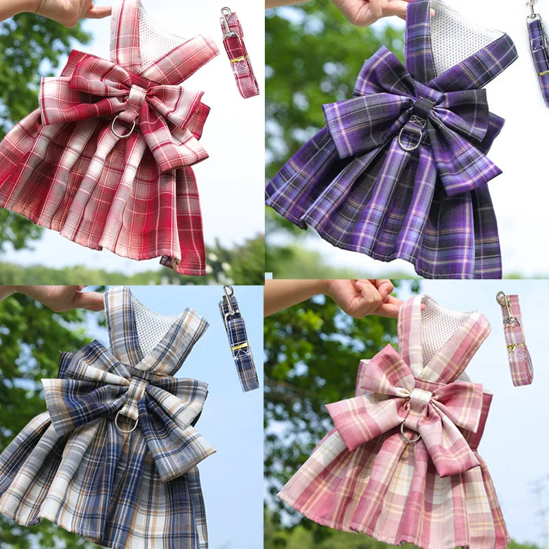 Coelho jk vestidos e trela conjuntos de malha xadrez pet colete arnês para gatos coelho verão pequenos animais roupas coelhos acessórios