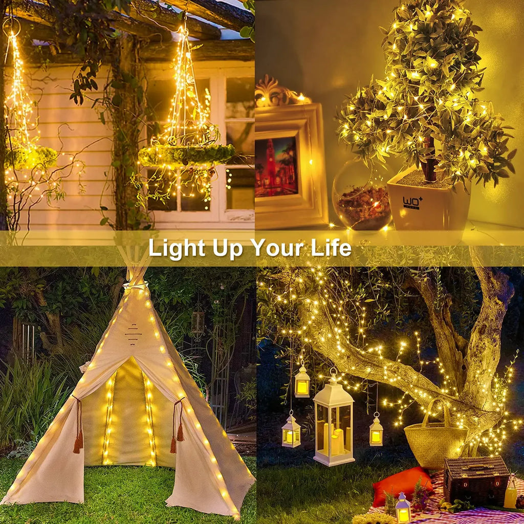 Luz solar ao ar livre da corda led guirlanda de fadas 8 modo jardim quintal festa decoração natal lâmpada fio cobre