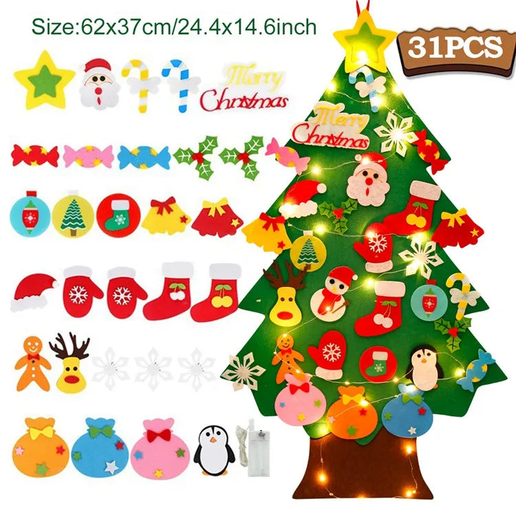 DIY sentiu a árvore de Natal com luz, decorações do Feliz Natal para a casa, ornamentos da árvore do Natal, presente do ano novo, 2024