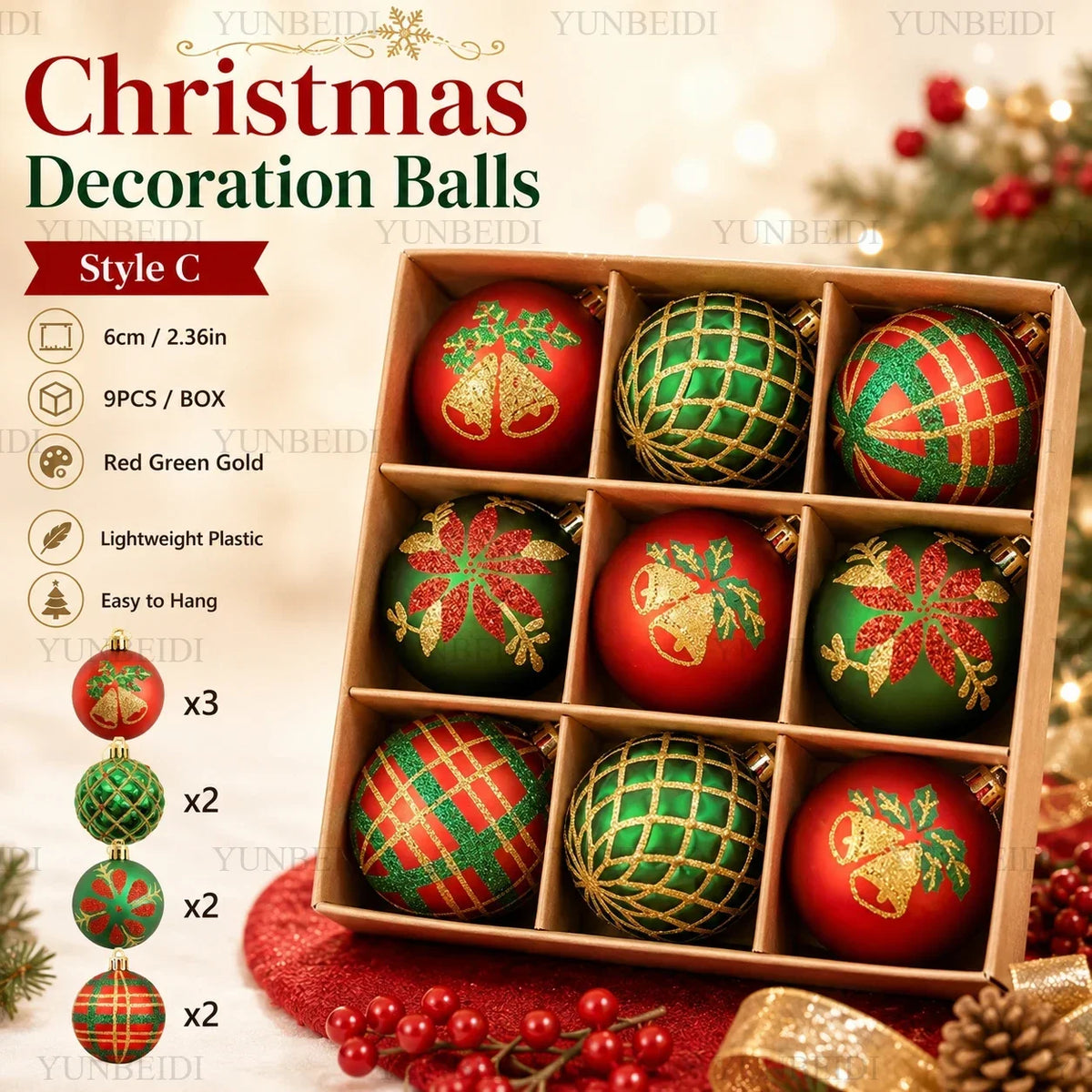Enfeites de Bolas de Natal 9PCS 6cm Conjunto de Bolas de Plástico DIY Decorações para Pendurar na Árvore Vermelho Verde para Decoração de Natal em Casa e Festas