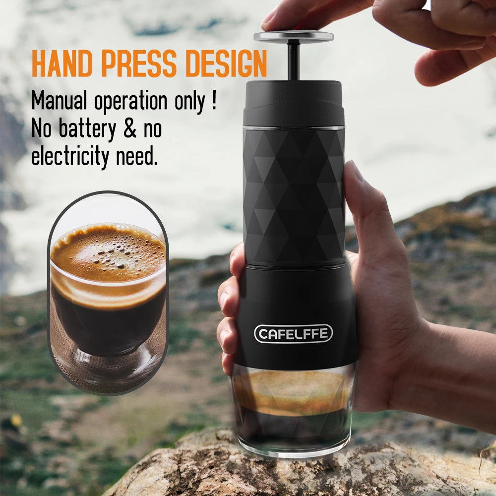 Máquina de Café Portátil Cafelffe 3 em 1, Cafeteira Manual para Cápsulas e Café Moído, Espumador de Leite, Preparador Manual para Viagens e Presentes