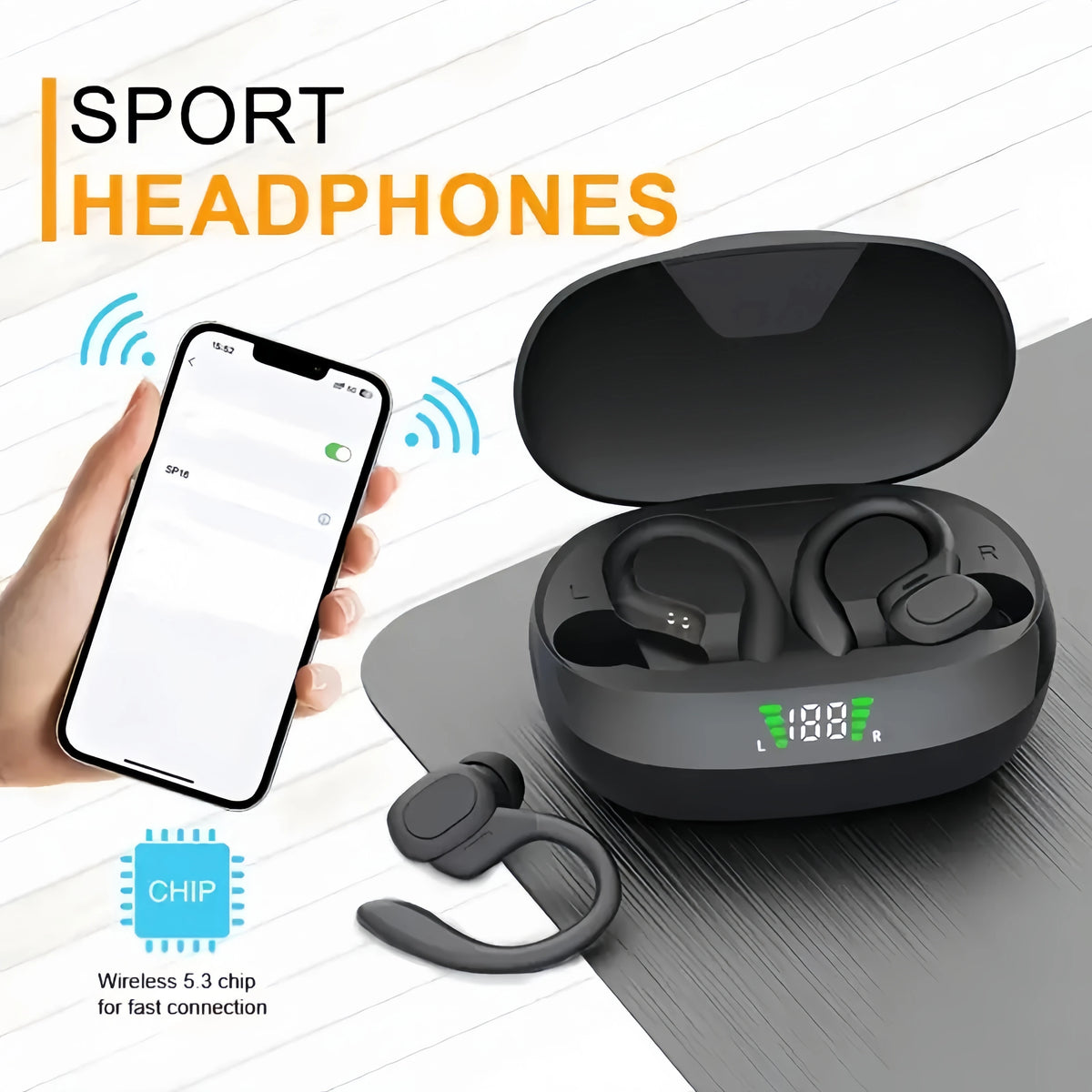 True Wireless Earbuds, TWS Headphones with Microphone, Sports Ear-Clip Headphones, Stereo In-Ear Headphones with LED Display