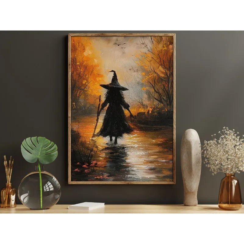 Pôster de Decoração de Parede de Halloween: Bruxa Sombria no Bosque com Flores - Impressão em Tela Sem Moldura para Decoração Festiva de Casa - Kasa & Pet