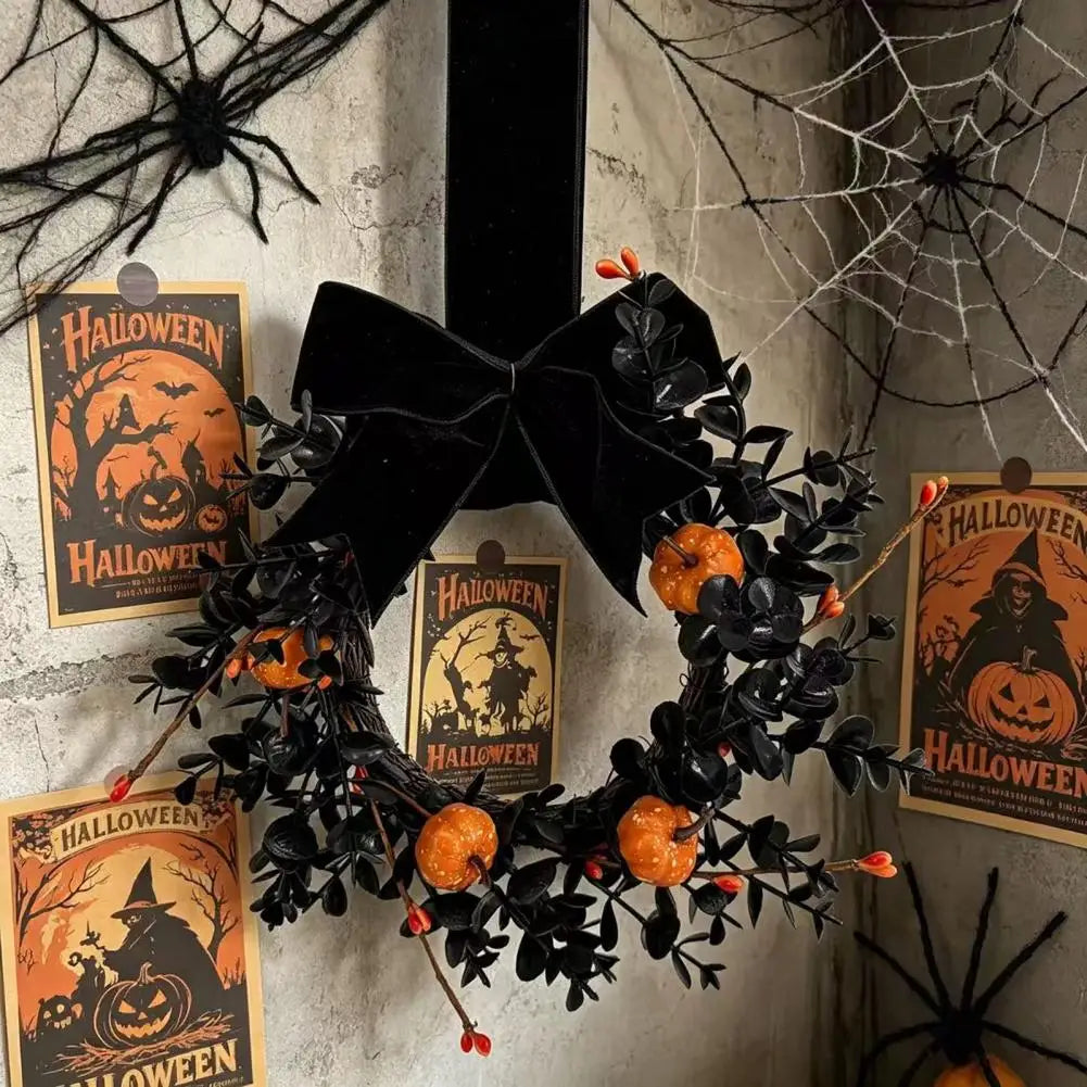 Guirlanda Preta de Halloween, Guirlanda Assustadora para o Halloween, Guirlanda de Abóbora para Porta da Frente, Decoração de Outono de 9 polegadas com Veludo Preto