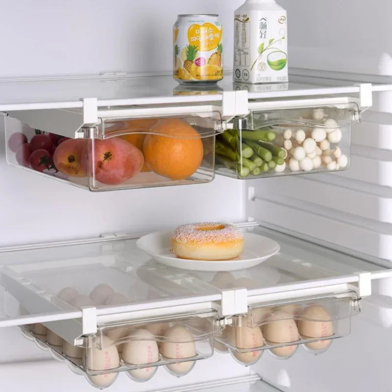 Organizador de geladeira, ovo de frutas, rack de armazenamento sob a prateleira, caixa de gaveta de geladeira, organizador de cozinha para manter fresco