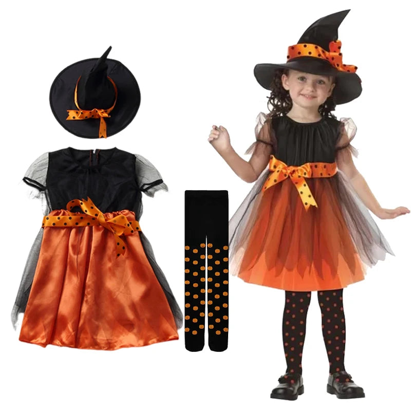 Fantasia de Halloween para Meninas 2026, Conjunto de Vestido de Bruxa com Chapéu e Bolsa