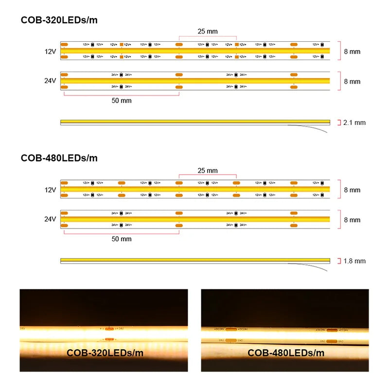 A espiga listada ul conduziu a luz de tira 320 480 leds/m 16.4ft fita flexível de alta densidade ra90 3000k 4000k 6500k regulável conduziu luzes dc12v 24v