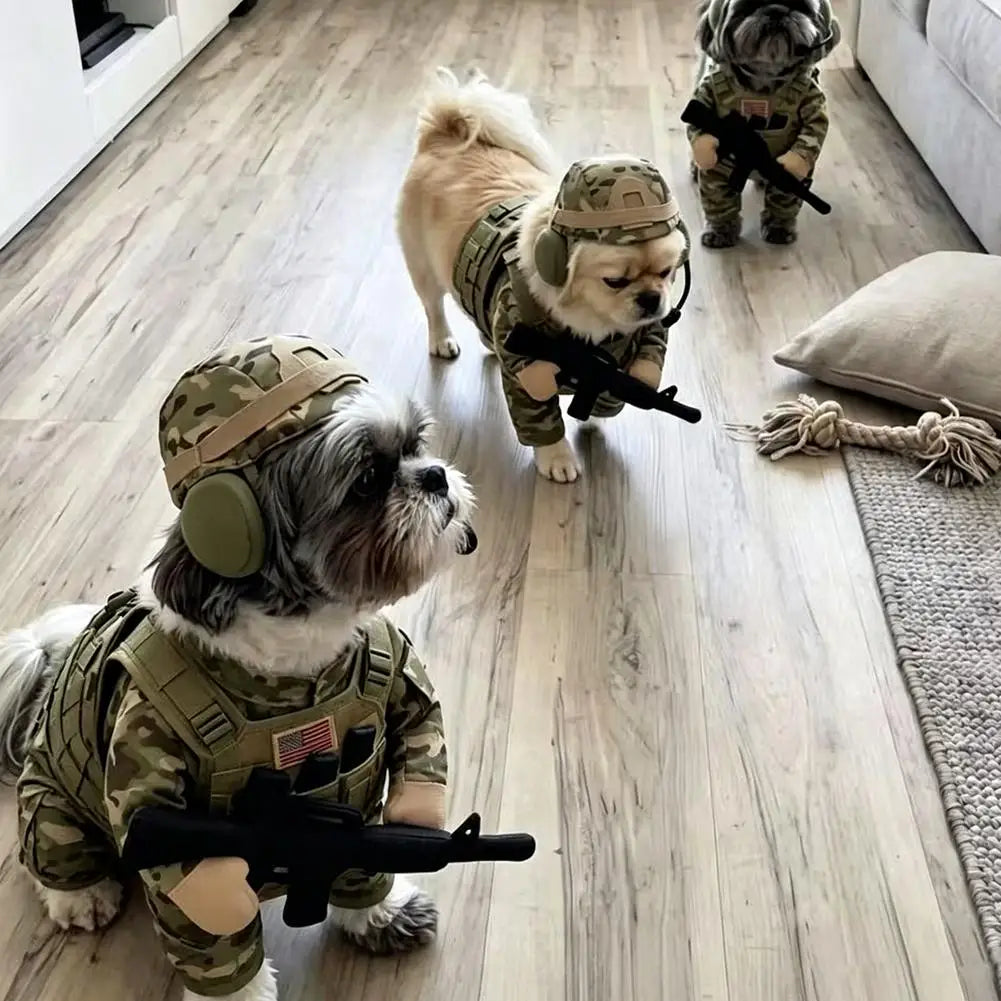 Uniforme tático para animais de estimação, fantasia de soldado para Halloween para cães e gatos, arnês tático para cães com chapéu, roupa militar divertida.