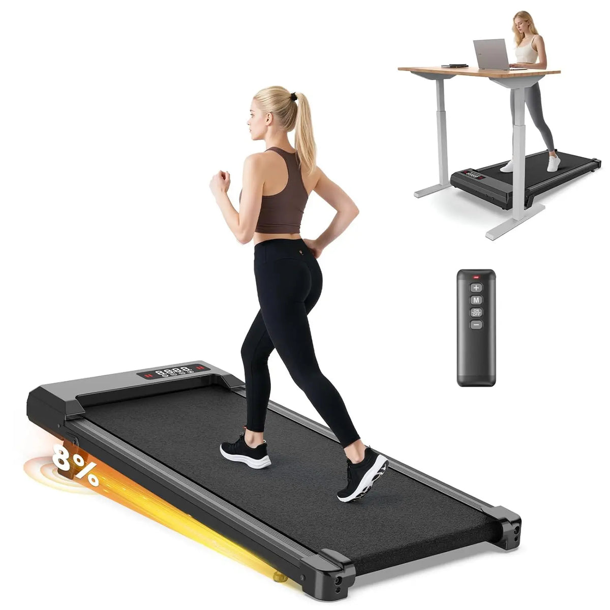 Esteira Ergométrica Dobrável com Barra de Apoio, Esteira com Inclinação de 8%, 2.5HP Silenciosa para Uso Sob a Mesa, Capacidade de 145 kg, Esteiras 2 em 1, Personalizável