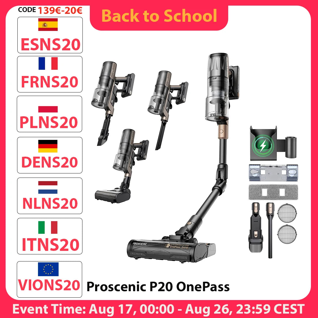 Aspirador de Pó Sem Fio Proscenic P20 OnePass, Sucção de 70000Pa, 70 Minutos de Autonomia, Motor Sem Escovas de 680W, Limpeza a Seco e Úmido