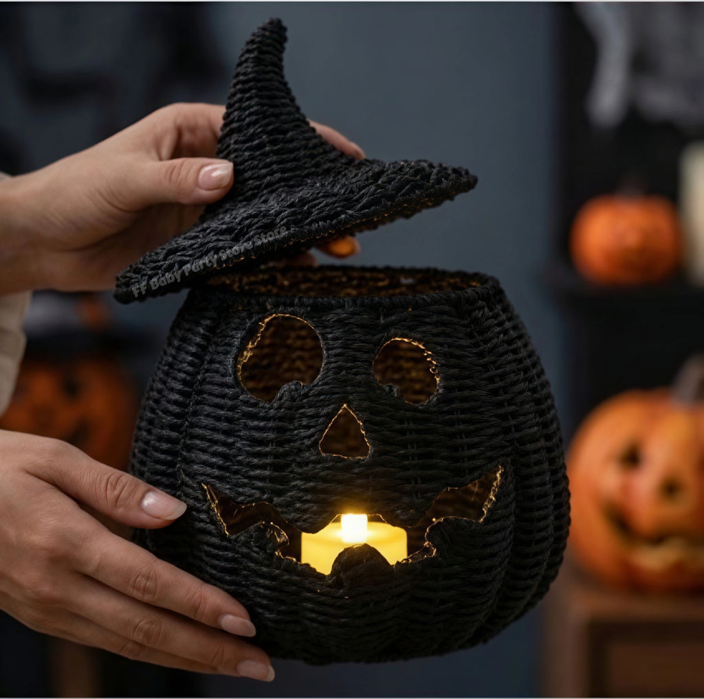 Decorações de Halloween, Lanterna de Abóbora de Vime Feita à Mão, Caixa de Armazenamento em Forma de Chapéu de Bruxa, Estátua Decorativa para Casa, Ornamentos de Natal