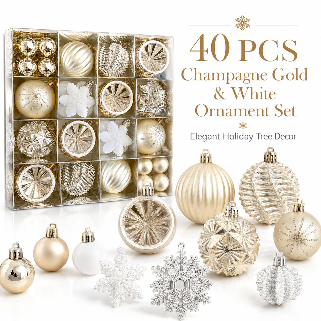 Conjunto de 40 Decorações de Natal em Ouro Champanhe e Branco, Decorações para Árvore de Natal, Adequado para Casamentos e Natal