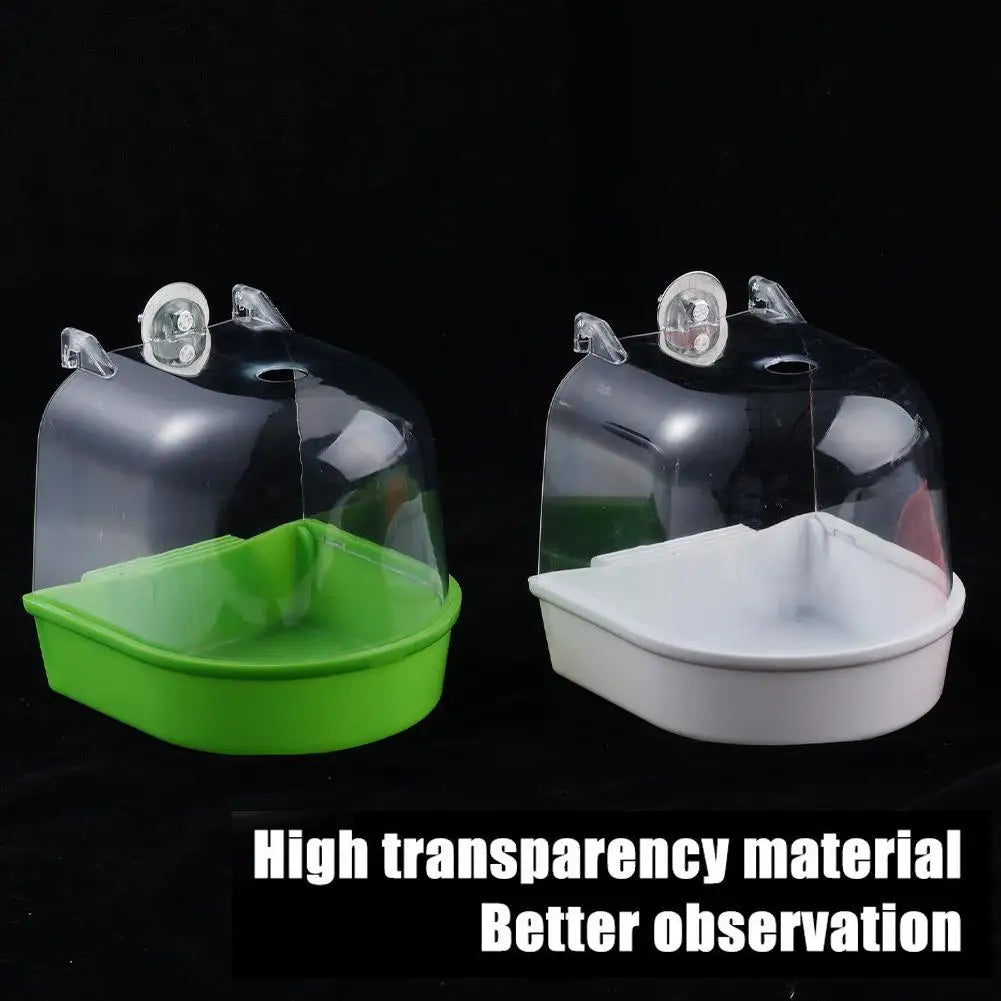 Banho de pássaros para limpeza de gaiola, suprimentos para animais de estimação, calopsita, banheira de pássaros com ganchos pendurados, acrílico transparente, cubo de banho de pássaros