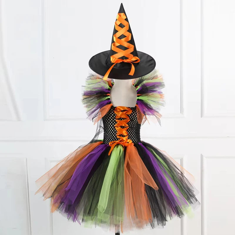 Fantasia de Bruxa para Meninas, Vestido de Tule em 3 Cores com Chapéu Pontudo, Fantasia de Carnaval para Crianças
