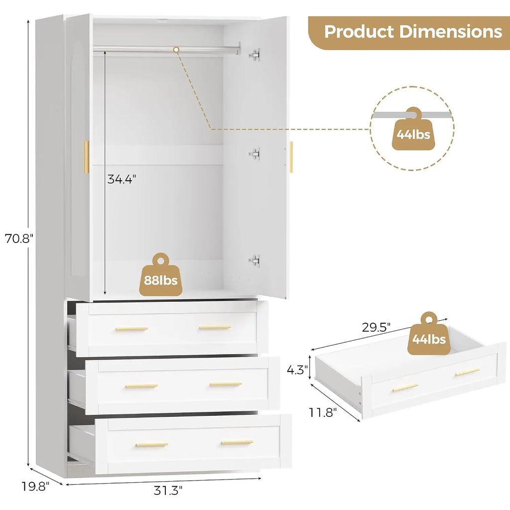 Guarda-roupa de madeira com 3 gavetas e varão para pendurar, 2 portas, armário independente para roupas no quarto, 71", personalizável