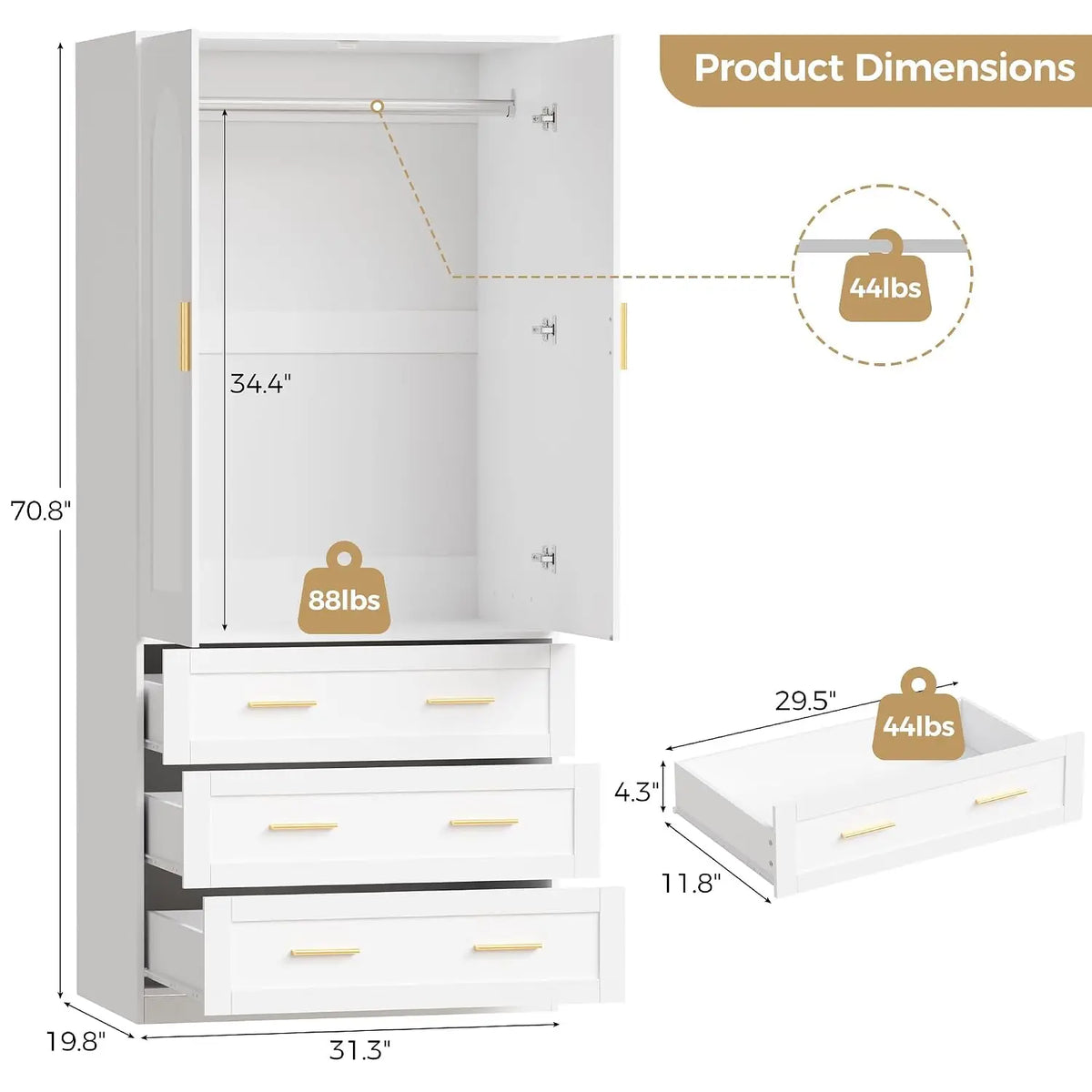 Guarda-roupa de madeira com 3 gavetas e varão para pendurar, 2 portas, armário independente para roupas no quarto, 71", personalizável
