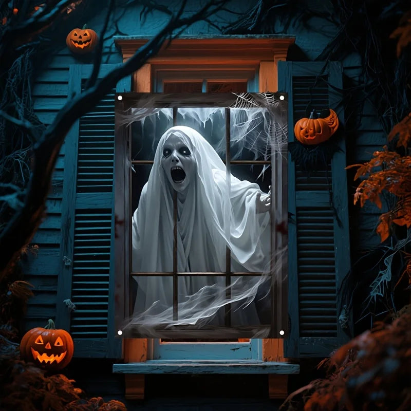 Decoração de banner para janela de Halloween, design de peça única, com padrões de fantasmas aterrorizantes, feito de tecido de poliéster.