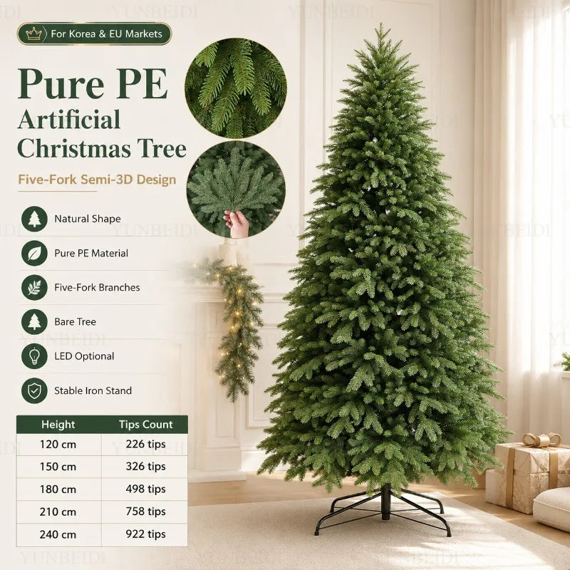 Árvore de Natal Artificial 100% PE com Luzes LED de Alta Qualidade, Grande Árvore de Natal de 1,2m a 2,4m para Decorações de Natal em Casa