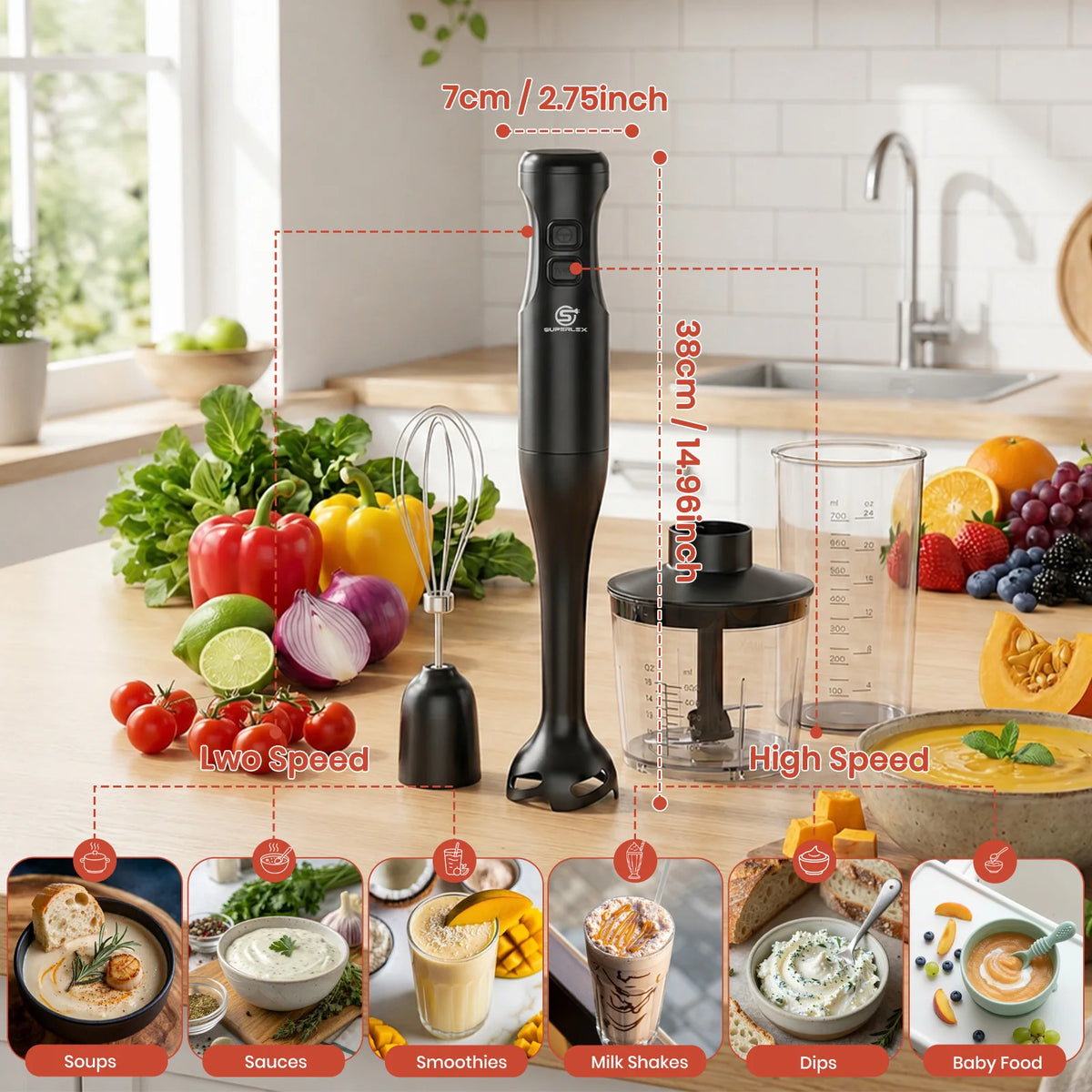 SUPERLEX 350W Mixer de Imersão 4 em 1, Conjunto de Mixer Elétrico Portátil com Batedor, Copo Medidor de 500ml e Picador de 700ml, Controle de 2 Velocidades para Sopas, Smoothies, Papinhas e Carne Moída