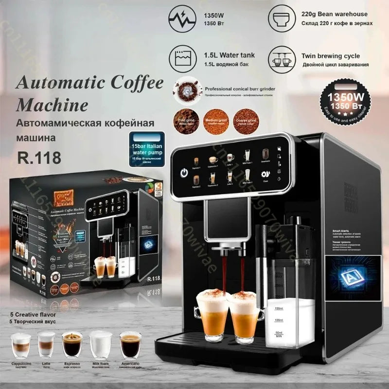 Máquina de café automática 3 em 1, cafeteira expresso com moedor de grãos embutido e vaporizador de leite para preparação de café em casa