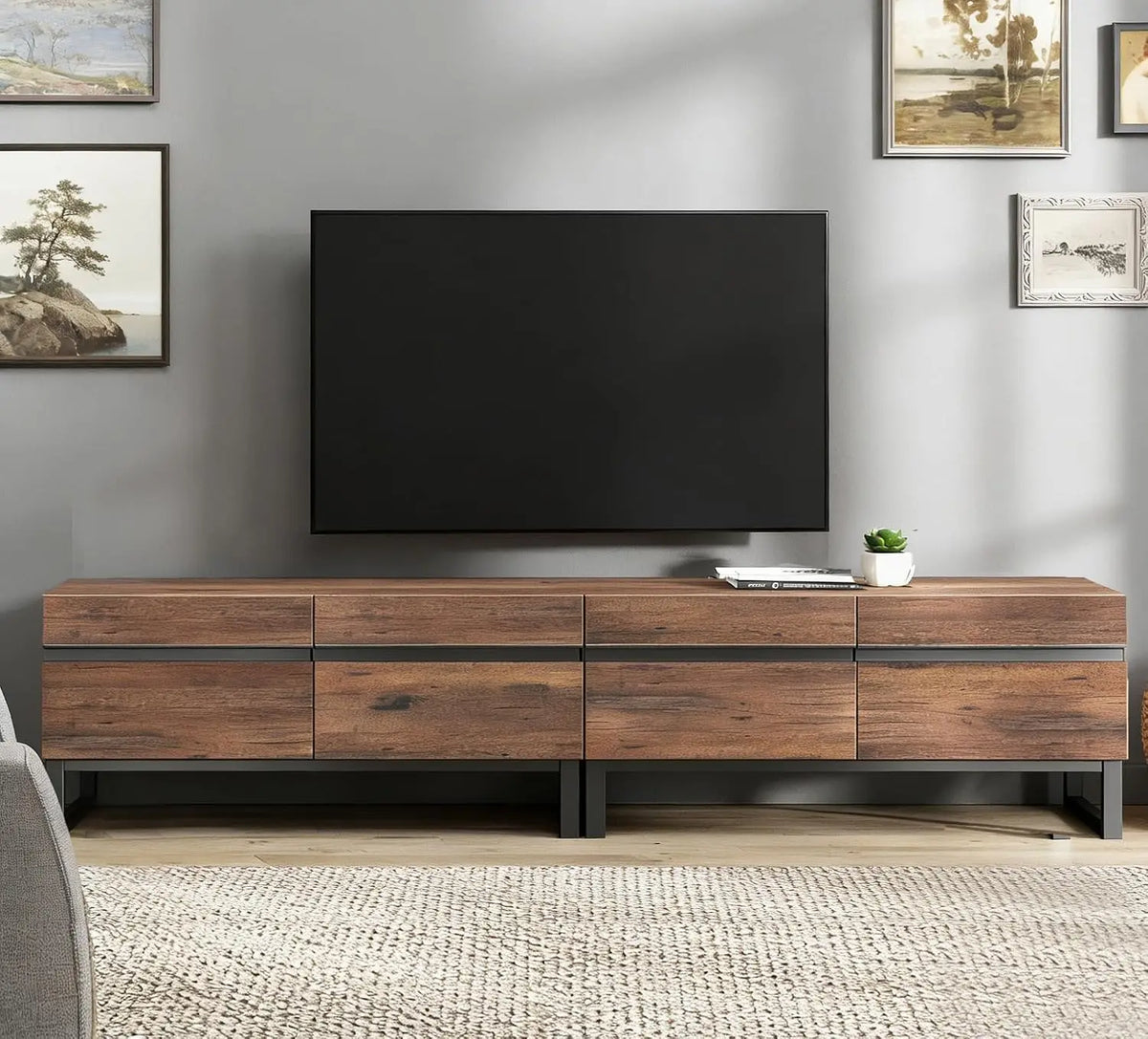 Suporte de TV Moderno para TVs de 50-75 Polegadas, Centro de Entretenimento em Madeira com Armários de Armazenamento de Base Metálica, Console de TV Multimídia, Personalizável