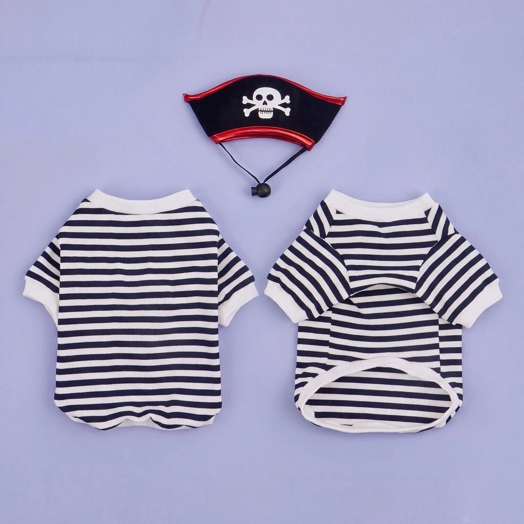 Conjunto de Fantasia de Pirata para Animais de Estimação com Chapéu de Caveira, Camiseta Listrada Preta e Branca para Cães e Gatos, Roupa de Cosplay Assustadora para Festas