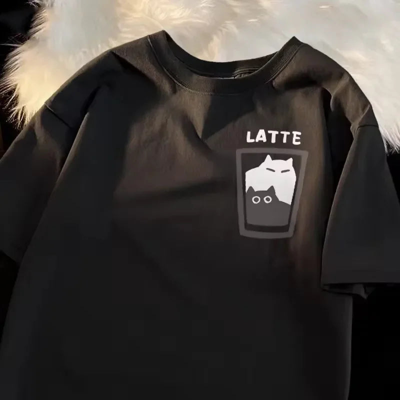Camisola de manga curta com estampado de gato estilo cartoon, estilo fresco, estilo retro americano, pulôver versátil, suave, criativo e moderno.