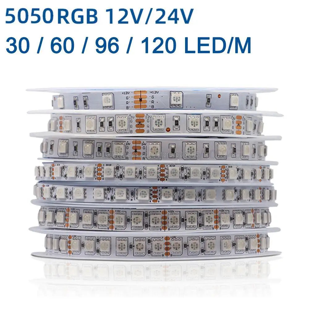 5m 12v 24v dc rgb tira conduzida 30leds/m 60leds/m 96leds/m 120leds/m smd 5050 fita de luz led flexível 8mm 10mm pcb para decoração