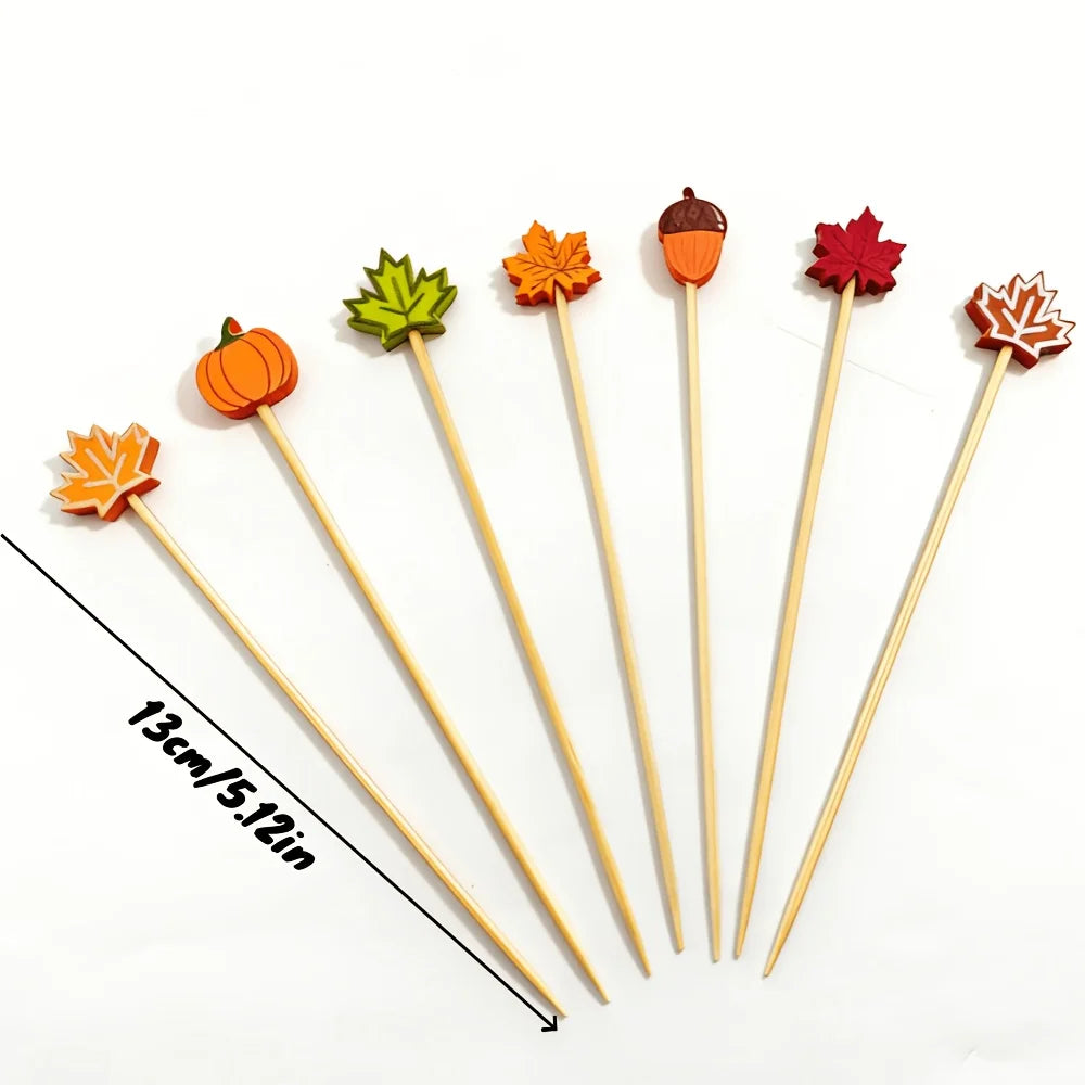 Decorações de frutas para festa de Halloween, abóbora, folha de bordo, palitos de bambu em formato de bolota, coquetéis, saladas, sobremesas, bandeiras