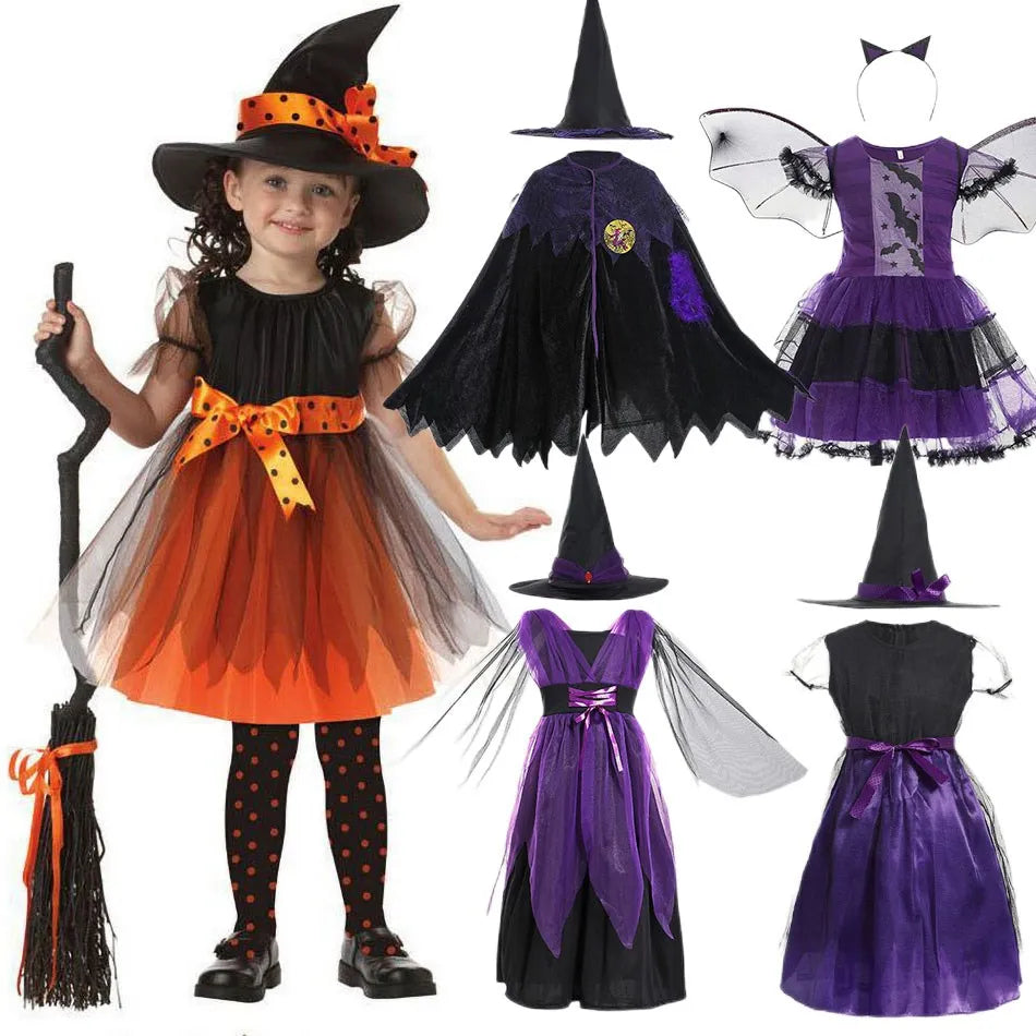 Crianças traje de bruxa meninas conto de fadas feiticeiro vestido crianças halloween abóbora roupas bebê bat aranha festa cosplay outfit 2-15t
