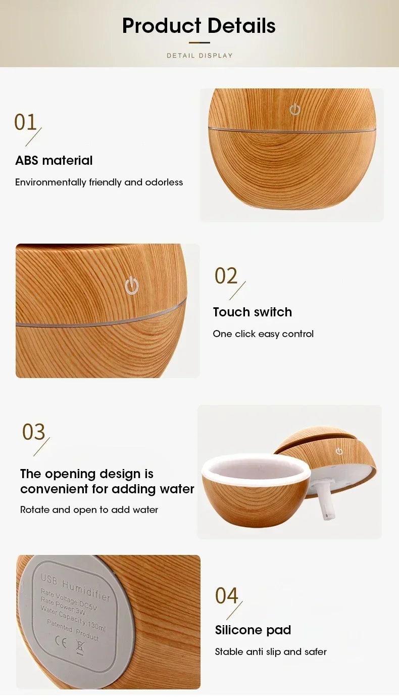 Woodgrain usb difusor de óleo essencial mini umidificador ultrassônico aromaterapia portátil desktop fabricante névoa ar para escritório em casa