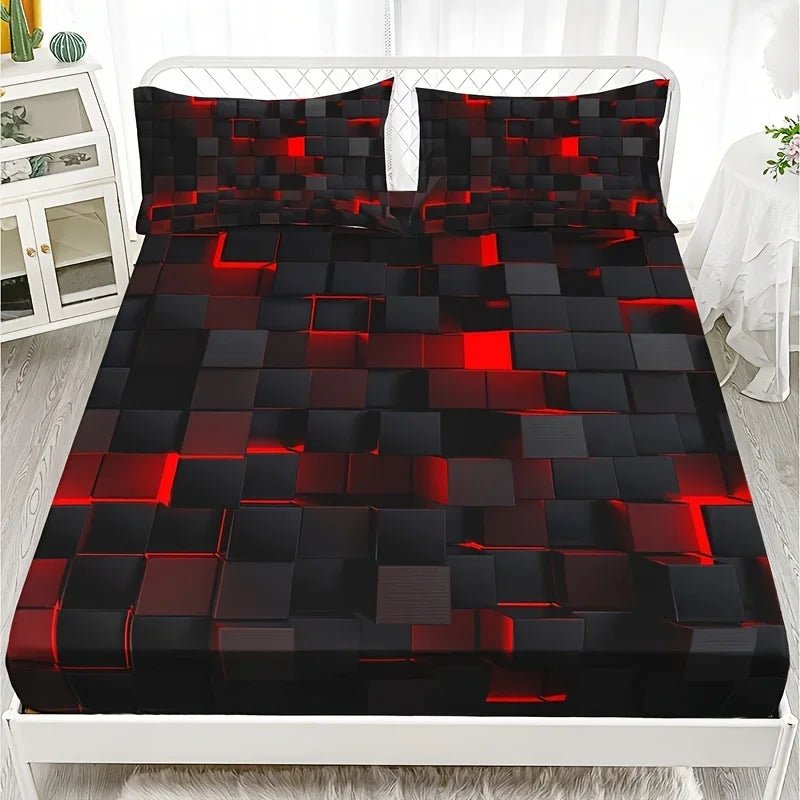 Moda Tecnologia-Inspirado Xadrez Vermelho Conjunto de Folhas, Cama Soft Impressão HD para Dormitório Casa, 1 Folha Equipada + 2 Fronha
