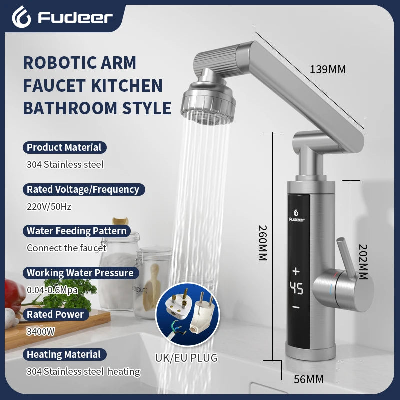 Fudeer 3400W 220V Cozinha Elétrica Aquecedor de Água Torneira Instantânea de Aço Inoxidável Torneira de Água Aquecedor Torneira de Aquecimento Frio