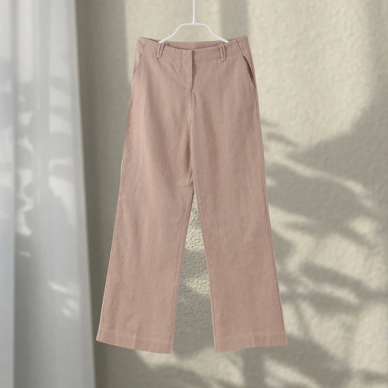 Casual Trousers Set Women Cotton Linen Lapel Zippers Crop Top Straight Pants Sets Lady 2026 Spring Solid Suit Woman Streetwear