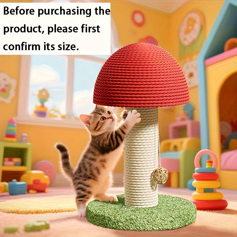 Tirador de gato em forma de cogumelo vermelho com almofada de sisal, mini vila para animais de estimação e base pom-pom verde