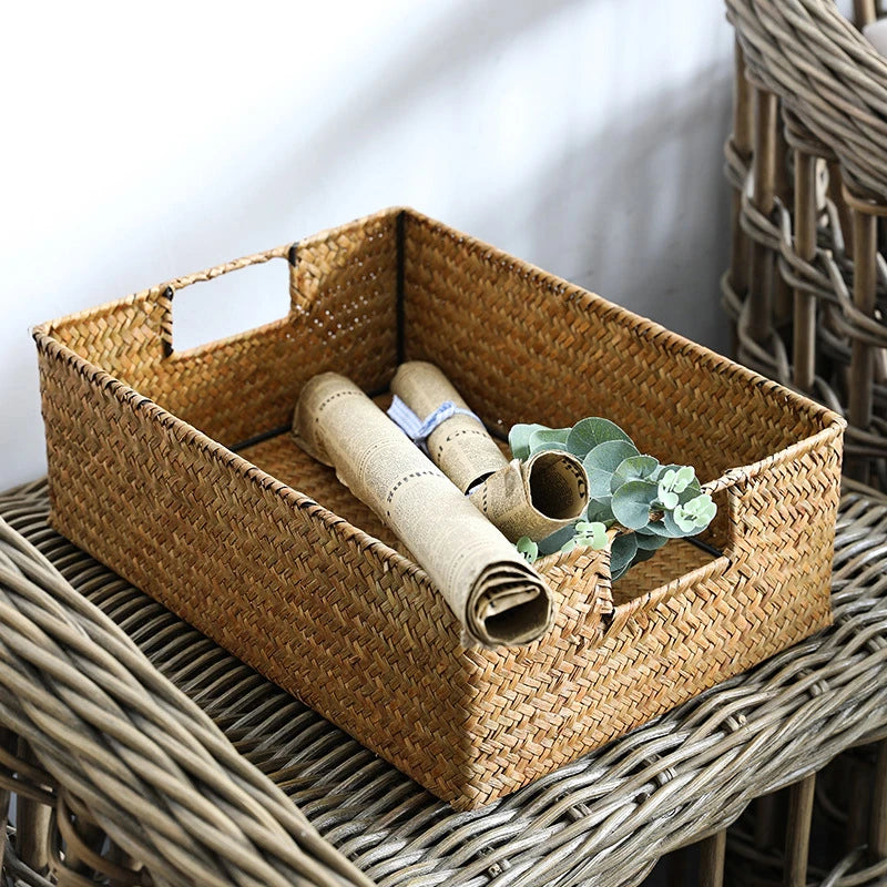 Zerolife cesta de ervas marinhas tecidas naturais, cesta de palha de vime para mesa de casa, toalhas de pão de frutas, pequeno recipiente de armazenamento de cozinha