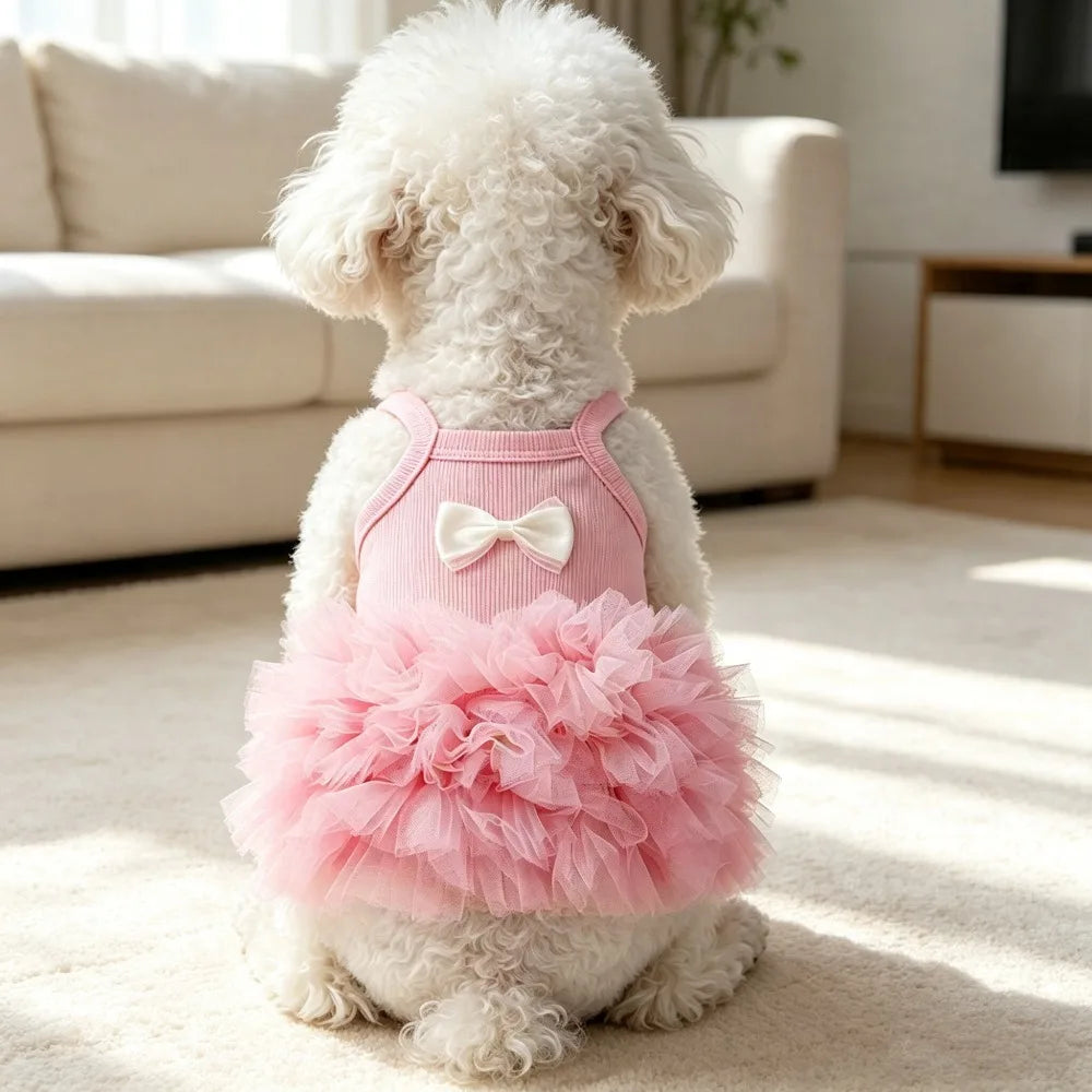 1PC Vestido Tutu Rosa Fofo para Cães com Laço, Saia de Tule Respirável para Animais de Estimação, para Cães e Gatos Pequenos