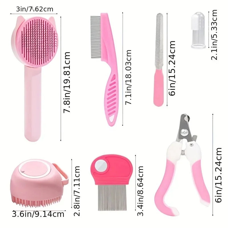 Kit de Beleza para Gatos com 8 Peças: Escova, Cortador de Unhas e Lixas, Kit de Higiene para Animais de Estimação, Pente Antipulgas