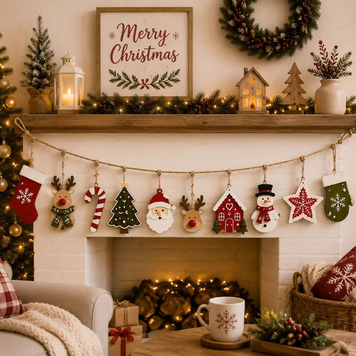 10 peças de decoração de madeira de Natal, Papai Noel, renas, árvore de Natal, estrelas, etc., decoração para festas de inverno/Natal em casa.