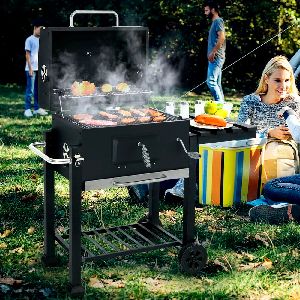 Grelha a carvão para churrasco portátil ao ar livre, churrasqueira de jardim com tampa, mesa dobrável, prateleira inferior e termômetro
