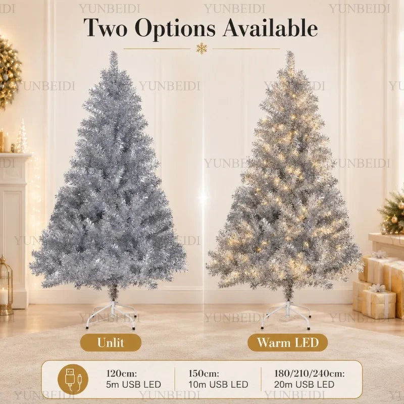 Árvore de Natal Artificial Prateada em PVC 120-240cm de Alta Qualidade com Luzes LED Quentes, Decoração para Festa de Natal em Casa