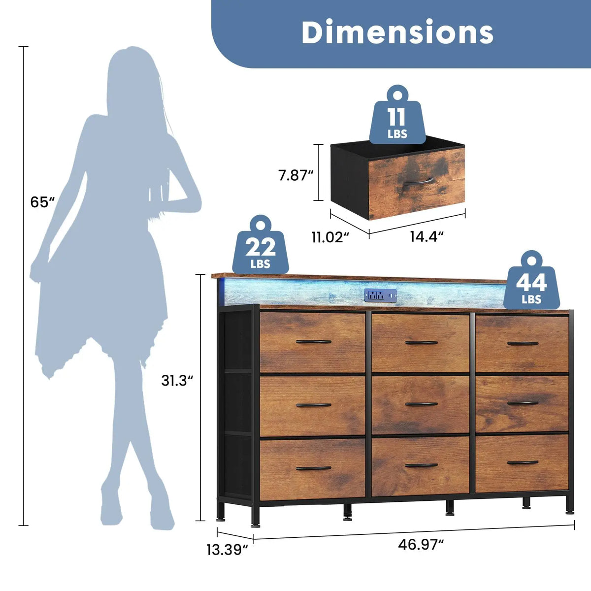 JHK Suporte de TV cômoda com 9 gavetas de tecido Console de mídia superior de madeira para suporte de TV de 32-52 polegadas com exibição de armazenamento de móveis